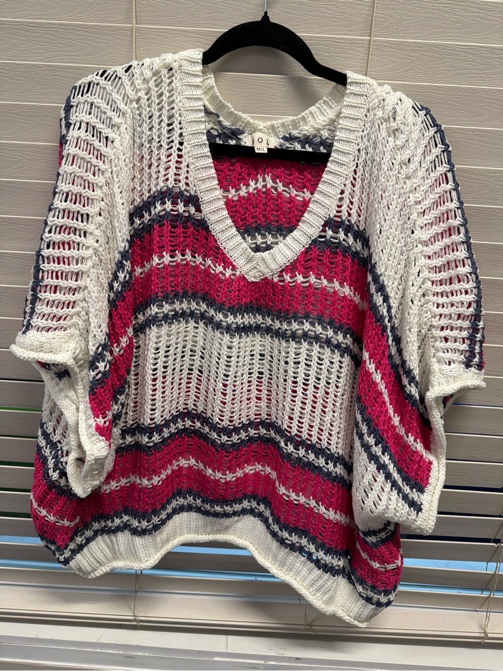 POL Open-Knit Striped Sweater Vest in White, Hot Pink & Blue